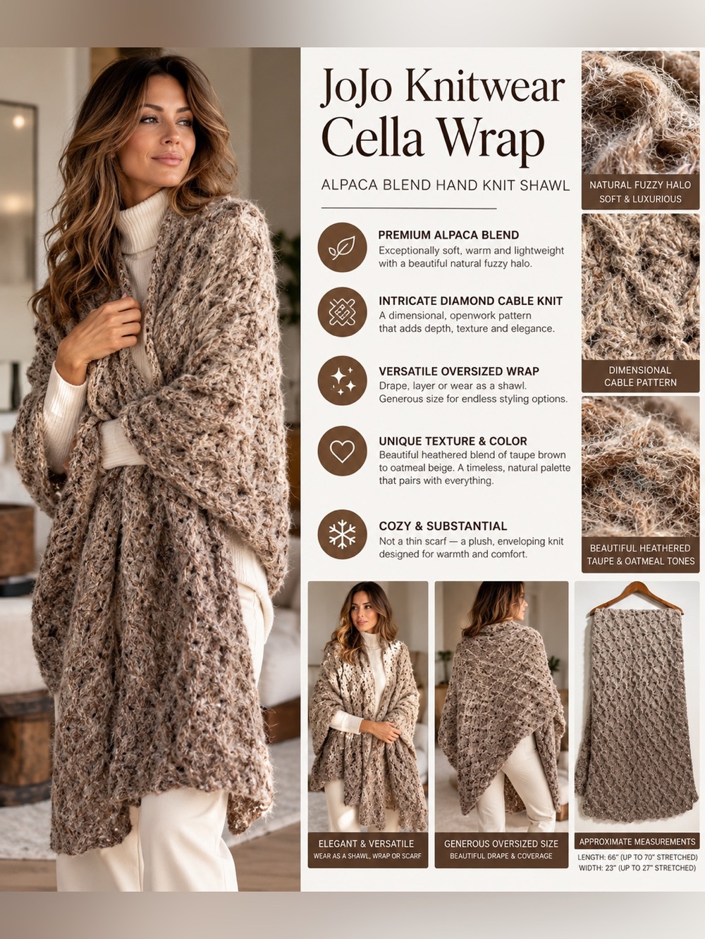 JoJo Knitwear Cella Wrap Alpaca Blend Hand Knit Cable Shawl Scarf OS